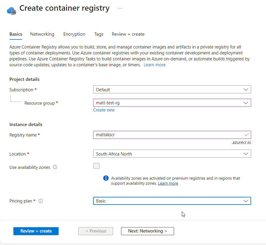 Create container registry in Azure Portal
