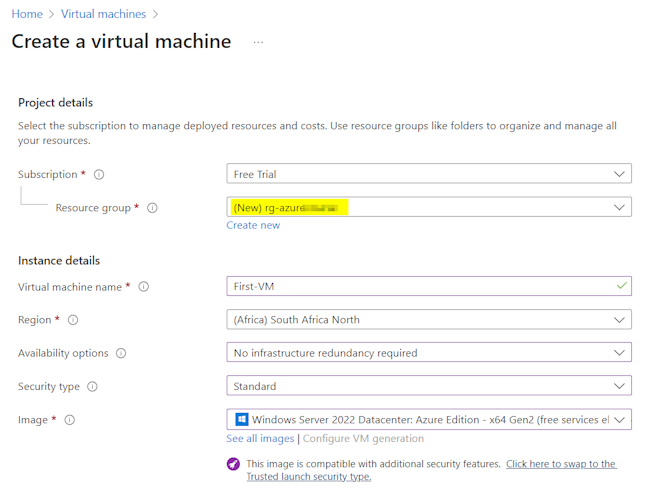 Create a new Azure VM with a new Resource Group!