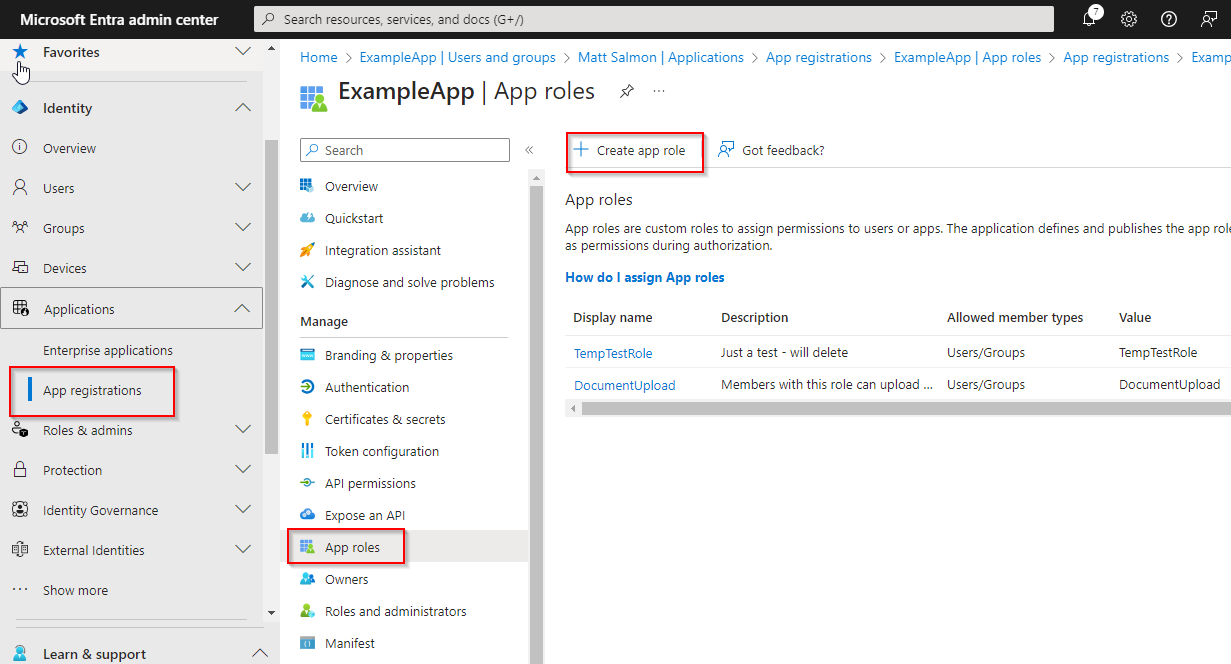 Adding an app role in Entra Admin Center